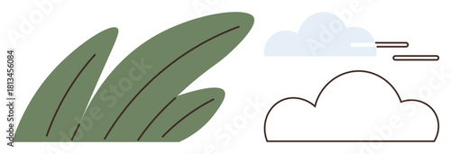 Green leaves with light blue and outlined clouds evoke nature, serenity, eco-friendliness, and growth. Ideal for environment, sustainability, health, outdoors simplicity renewal clean living. A