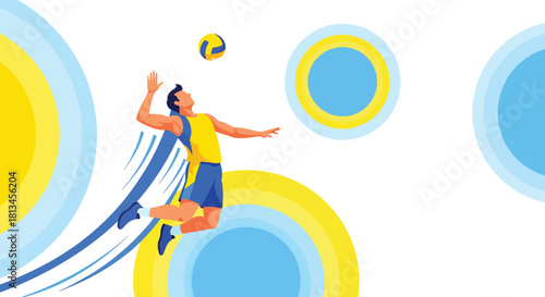 Dynamic illustration of a male volleyball player in action, jumping to spike the ball, showcasing athleticism, competition, and healthy lifestyle design. Vector