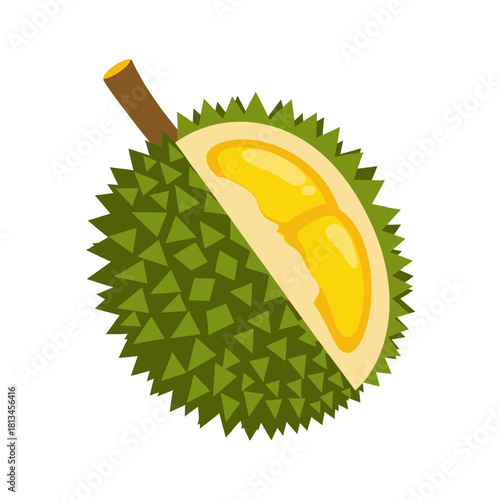 A vibrant green durian fruit, partially cut open to reveal its creamy yellow flesh and seeds, isolated on a white background.