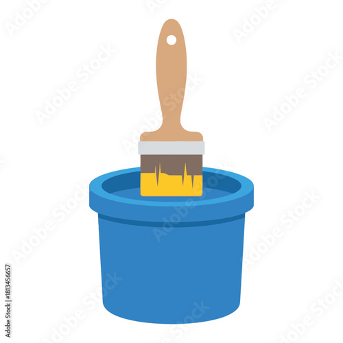 A blue paint bucket with a wooden handle paint brush dipped in yellow paint, isolated on a white background.