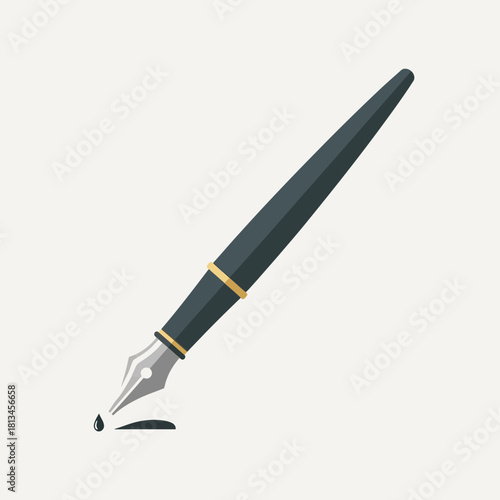 A sleek dark fountain pen with a gold band, actively writing a small ink mark on a light background.