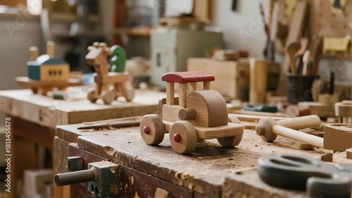 Handcrafted wooden toy car on a workbench in a carpentry workshop