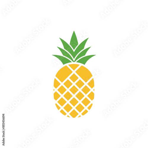 A simple, stylized graphic illustration of a yellow pineapple with green leaves on a white background, representing tropical fruit.
