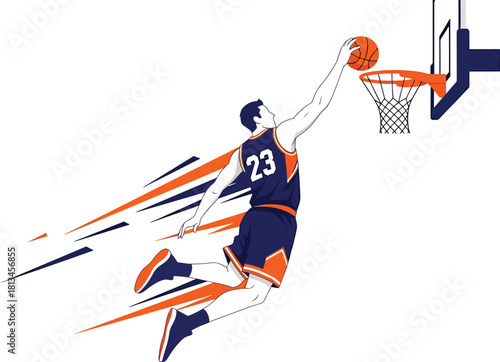 Dynamic basketball player vector illustration executing a powerful slam dunk with speed lines, representing action, competition, sport, and athletic prowess Vector