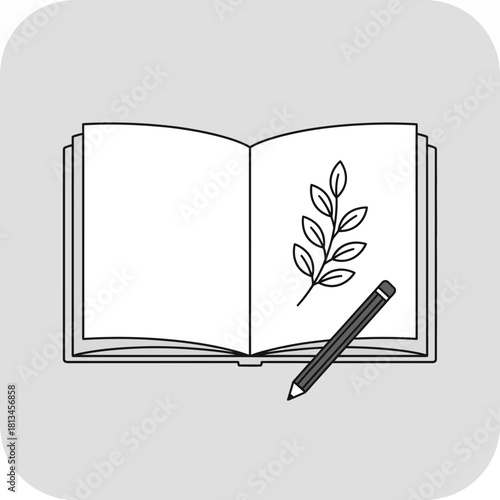 Open sketchbook with a simple line drawing of a leafy branch and a pencil on a grey background.