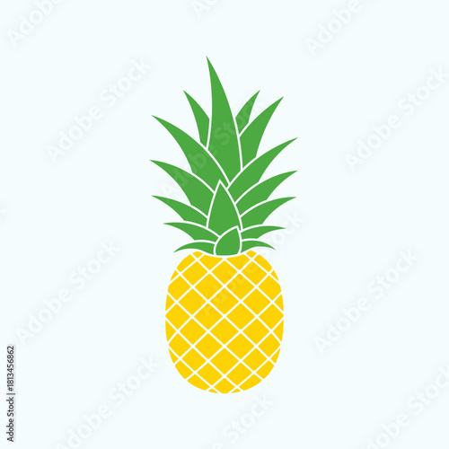 A vibrant yellow pineapple with green spiky leaves stands upright against a light background.