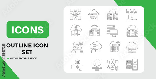 Outline Icon Set Depicting Cloud Computing and Server Infrastructure Concepts