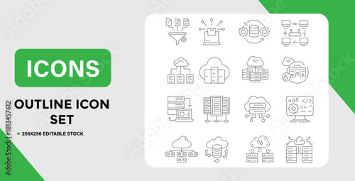 Outline Icon Set for Data Processing Cloud Computing and Network Management