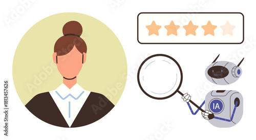 Female avatar next to robot reviewing star ratings using magnifying glass. Ideal for AI in customer feedback, quality control, user feedback, evaluation, data, analytics, simple flat metaphor