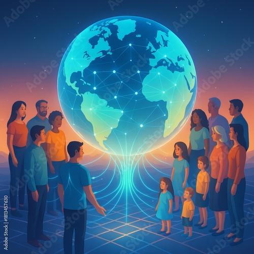 Wallpaper Mural Crowd of people standing in circle around holographic globe emitting social-link light threads to each, semi-realistic bright composition with inclusion symbolism Torontodigital.ca