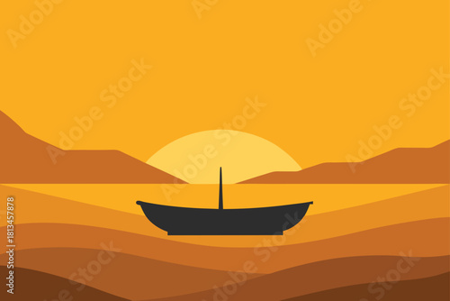 Minimalist boat on water at golden sunset flat design Vector