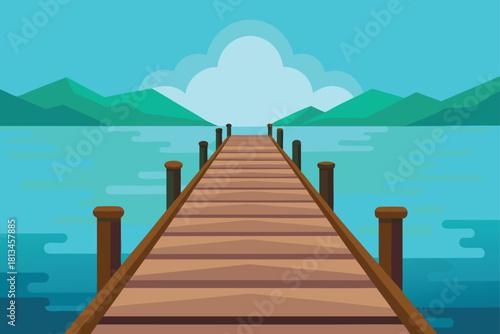 Long wooden pier on tranquil blue water to mountains Vector