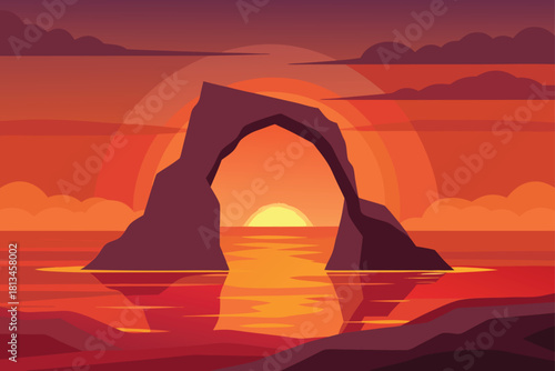 Sunset over natural rock archway at ocean seascape Vector