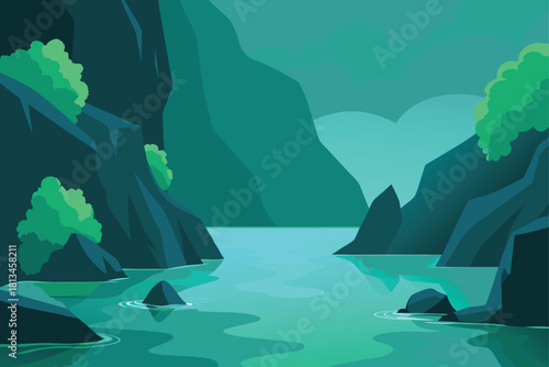 Stylized natural landscape with tranquil teal water Vector