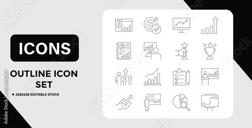 Outline Icon Set Depicting Business Growth and Analytics Concepts in Simple Style