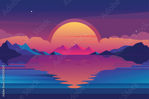 Retro vivid sunset over mountain lake reflection abstract Vector