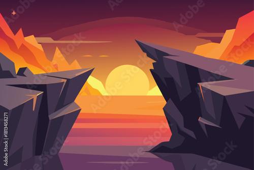 Dramatic sunset over water framed by jagged cliffs Vector