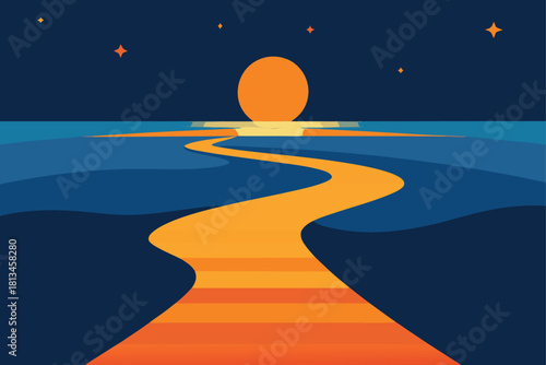 Winding path guiding to sun over blue ocean at dusk Vector
