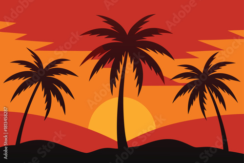 Tropical sunset with palm tree silhouettes vector art Vector