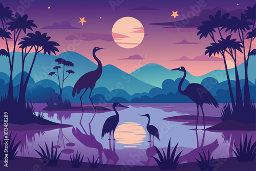 Tranquil moonlit wetland landscape with wading birds Vector