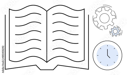 Open book with flowing lines, gears indicating processes, and a clock symbolizing time management. Ideal for education, productivity, planning, organization, knowledge, workflow simple flat metaphor