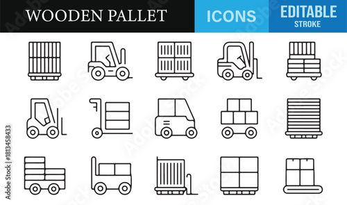 Modern warehouse logistics vector icons showing freight, pallets, and handling tools