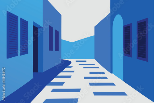Blue mediterranean alleyway minimalist vector design Vector