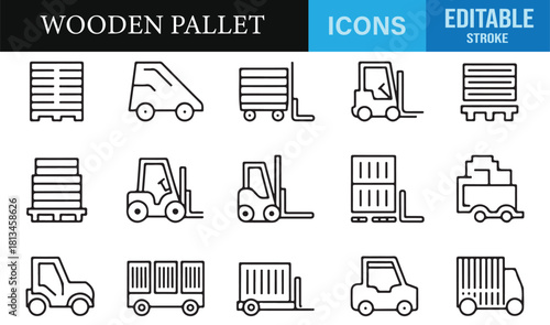 Line art wooden pallet illustrations with forklifts, jacks, and storage equipment