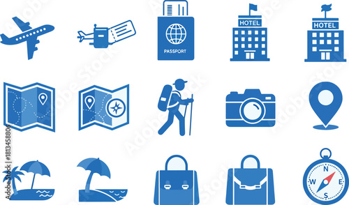 Comprehensive collection of flat blue travel and tourism icons, including airplane, passport, hotel, map, camera, hiker, beach, and luggage symbols, perfect for web and app design. Vector
