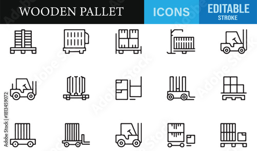 Thin-line warehouse logistics symbols featuring pallets, transport tools, and storage units