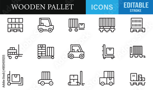 Vector set of warehouse equipment icons including forklifts, pallet jacks, and cargo racks