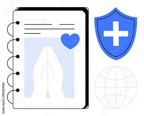 Prayer notebook featuring praying hands and heart illustration, a shield with cross, and globe. Ideal for spirituality, health, protection, faith, mindfulness, global unity and simple flat metaphor