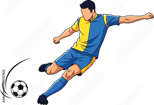 Soccer player kicking ball illustration, male athlete in action during a game, vibrant sports graphic depicting a powerful shot or pass isolated on background Vector