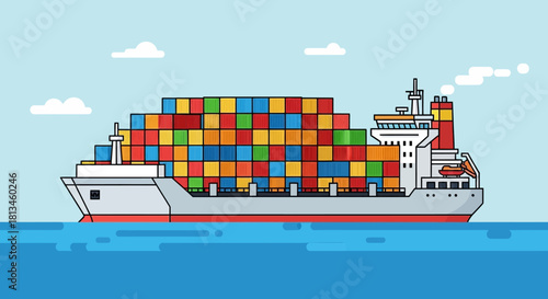 Cargo Ship Carrying Colorful Containers on the Ocean.