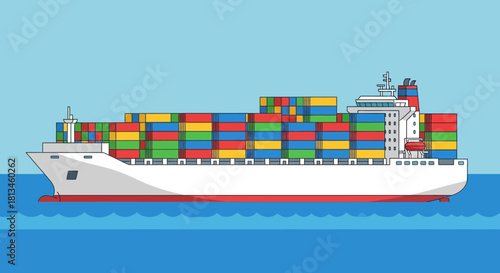 Cargo Ship Transporting Colorful Containers Across the Ocean.