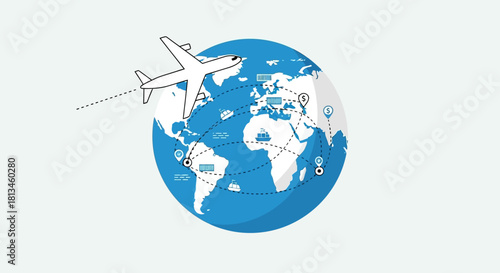 Airplane flying around the world, global travel concept illustration.
