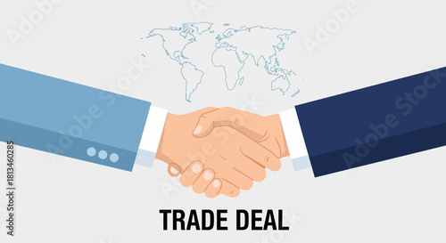 Trade Deal Handshake Illustration with World Map Background.