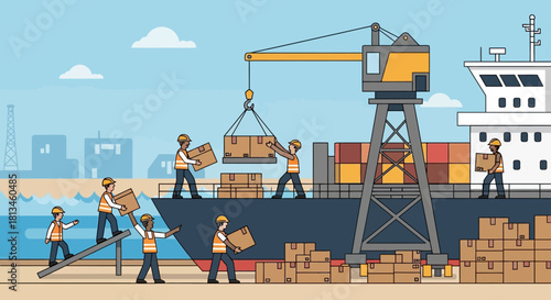 Cargo Ship Unloading with Workers and Crane Illustration.