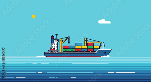 Cargo Ship Carrying Colorful Containers on the Ocean.