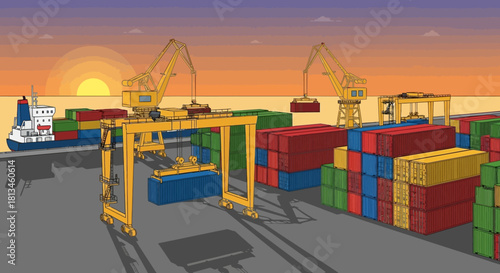 Container Terminal with Cranes and Cargo Ship at Sunset.