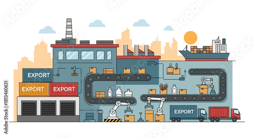 Industrial Export Process - Factory, Conveyor Belts, Shipping, and Transportation.