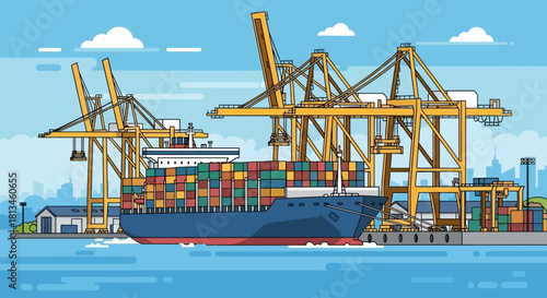 Cargo Ship at Port with Cranes Loading Containers.