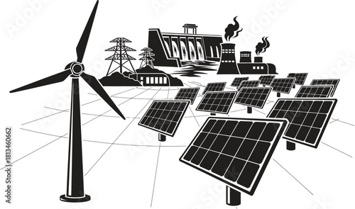 Renewable energy sources wind turbine solar panels and hydroelectric power