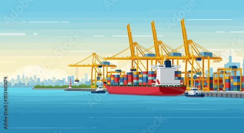 Container Ship at Port with Cranes and Cargo.