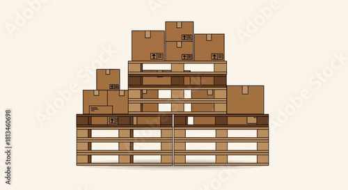 Stacked Pallets with Cardboard Boxes Ready for Shipping.