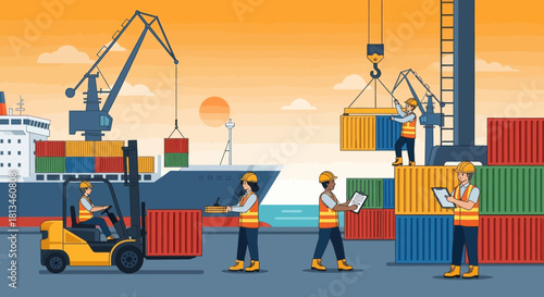 Busy Port Scene with Workers and Cargo Containers.