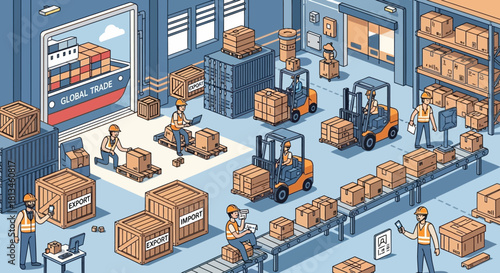 Busy Warehouse Scene with Forklifts and Workers.