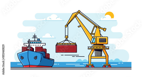 Cargo Ship Unloading Containers with a Crane at the Port.