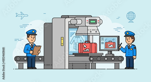 Airport Security X-Ray Scanner with Luggage and Security Personnel.