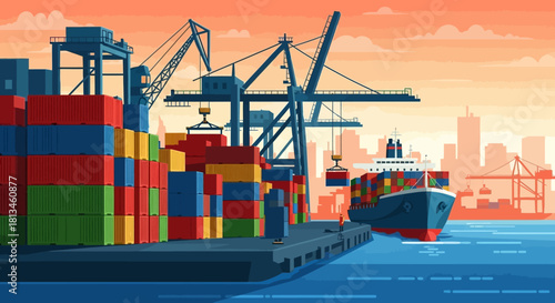Cargo Ship and Container Port Illustration at Sunset.